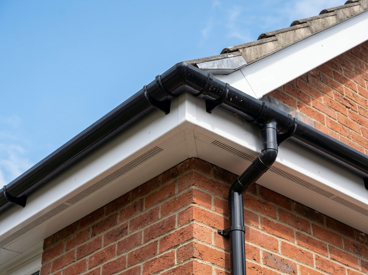 New white fascia boards and black guttering on a brick house