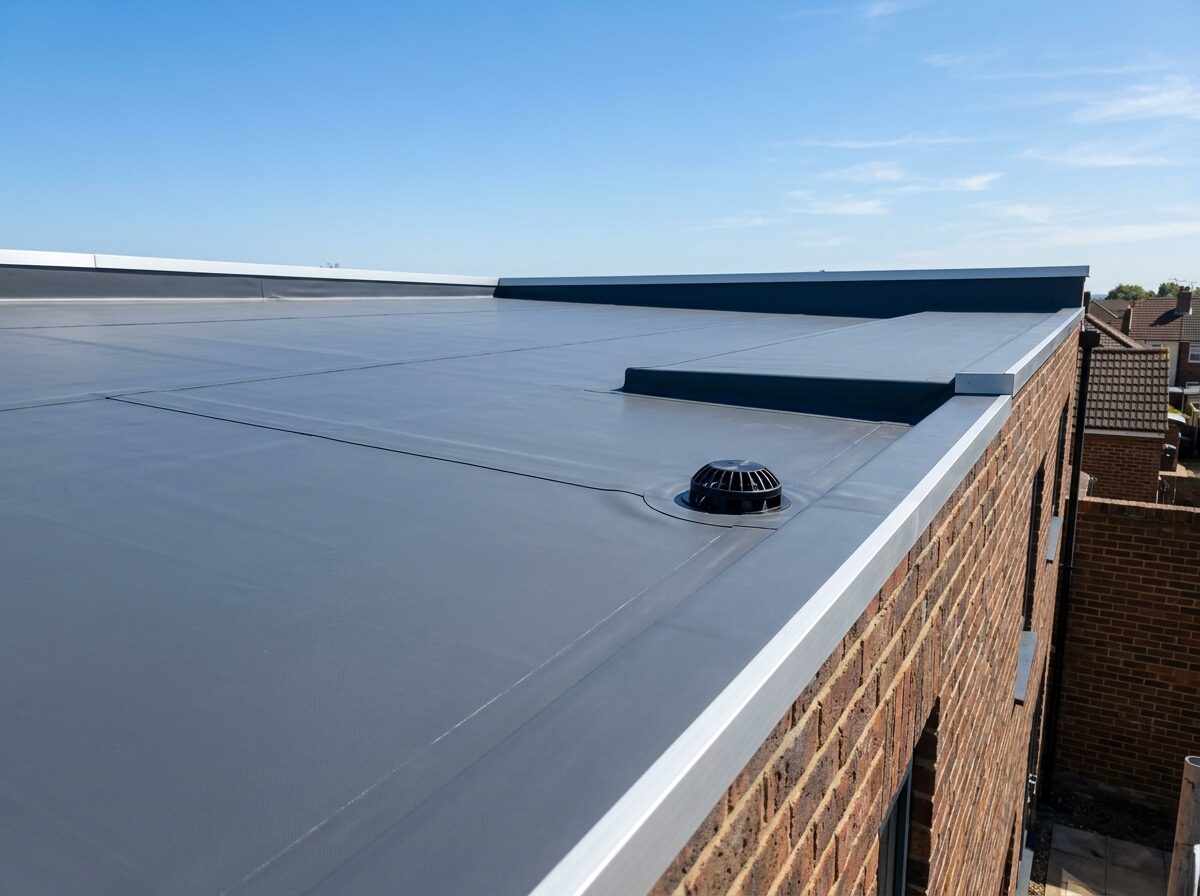 A newly finished flat roof with a grey membrane and edge trim
