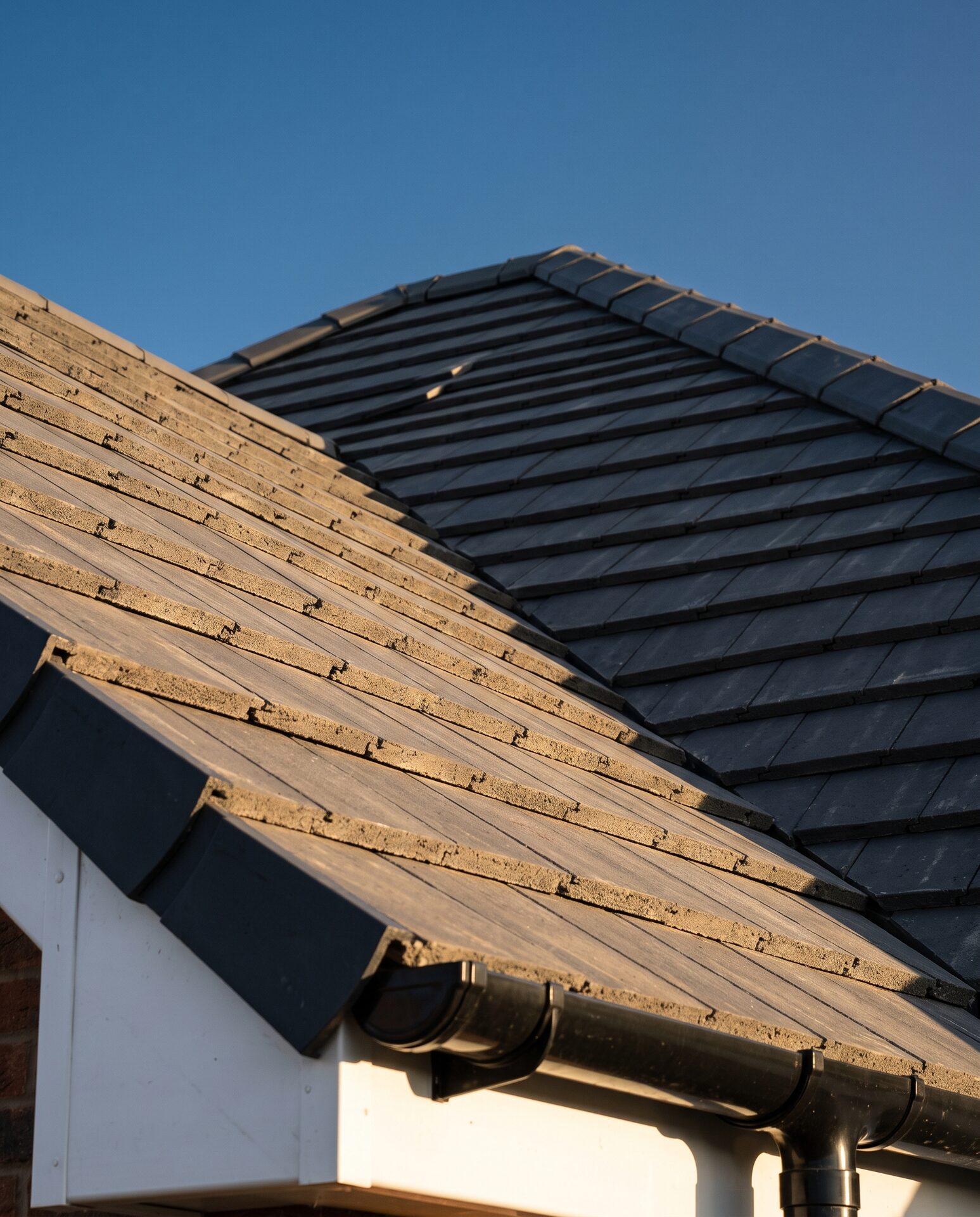 Close view of a newly tiled pitched roof with ridge tiles, white fascia and black guttering against a blue sky