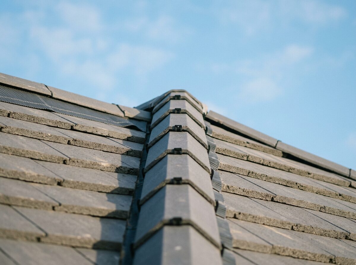 Close-up of a neatly finished ridge line on a tiled roof