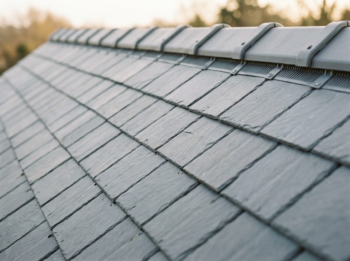 Close-up of new grey roof tiles on a pitched roof
